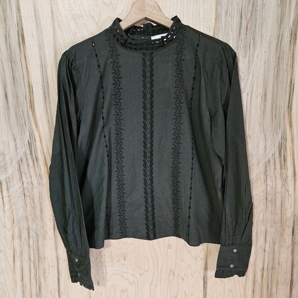 Loft Womens Size Small Green Puff Sleeve Mockneck Eyelet Blouse Nwt
